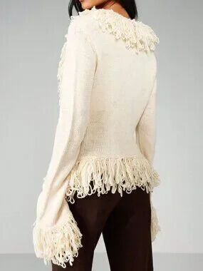ZARA Apricot Sexy Women's Fringe Detail Deep V Neck Long Sleeve Cardigan Sweater